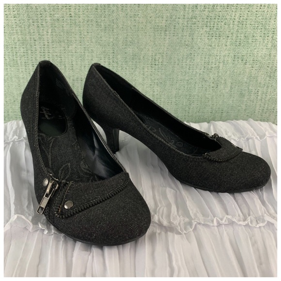 Black Denim Mary Jane Heel Pump Shoe Low Heel 7.5 - Picture 1 of 7